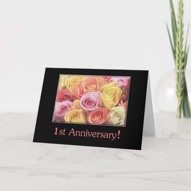 Tarjeta 1.ᵉʳ Aniversario Boda ramo de rosa mezclado (Anverso)