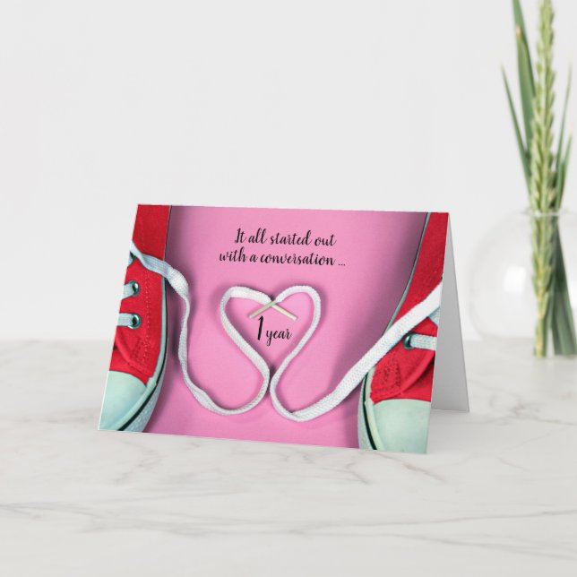 Tarjeta 1.ᵉʳ Aniversario de corazones y zapatillas (Anverso)