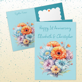 Tarjeta 1.ᵉʳ aniversario gerbera flores azul