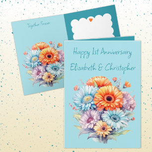Tarjeta 1.ᵉʳ aniversario gerbera flores azul