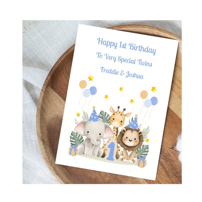 Tarjeta 1.ᵉʳ Birthday Jungle Animals Twin Boys Card (Subido por el creador)