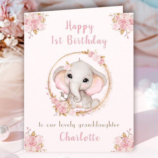 Tarjeta 1.ᵉʳ Chica de cumpleaños Floral rosa dulce elefant (1st Birthday Girl Pink Cute Elephant Floral Card)