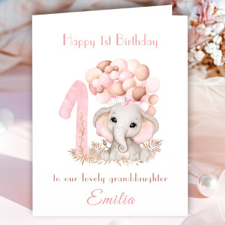 Tarjeta 1.ᵉʳ Chica de cumpleaños: Globos de elefantes rosa