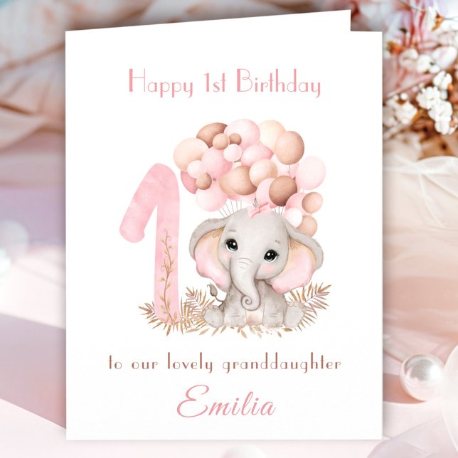 Tarjeta 1.ᵉʳ Chica de cumpleaños: Globos de elefantes rosa (1st Birthday Girl Pink Cute Elephant Balloons Card)
