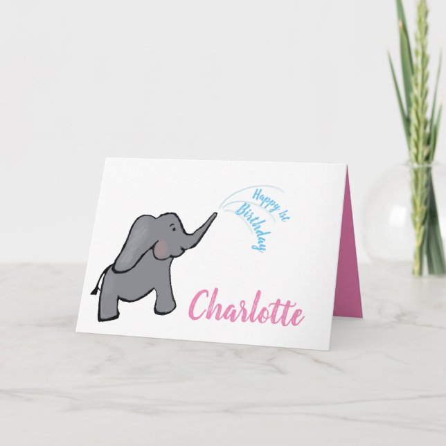 Tarjeta 1.ᵉʳ chica rosa de elefante de cumpleaños (Anverso)
