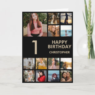 Tarjeta 1.ᵉʳ Collage de fotos de cumpleaños 13 fotos negro