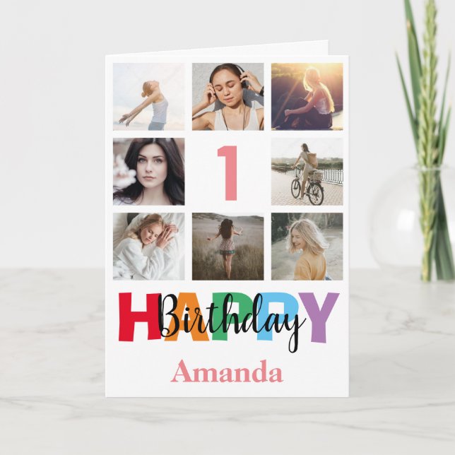Tarjeta 1.ᵉʳ Collage de fotos feliz de cumpleaños rosa mod (Anverso)