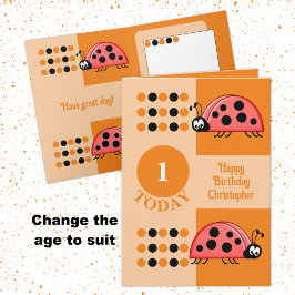 Tarjeta 1.ᵉʳ cumpleaños 1 hoy ladybugs naranja rojo