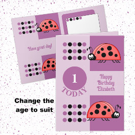 Tarjeta 1.ᵉʳ cumpleaños 1 hoy ladybugs púrpura
