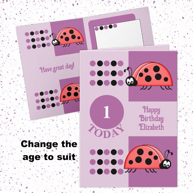 Tarjeta 1.ᵉʳ cumpleaños 1 hoy ladybugs púrpura (Subido por el creador)