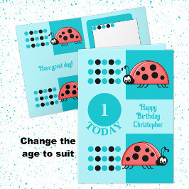 Tarjeta 1.ᵉʳ cumpleaños 1 hoy ladybugs turquesa