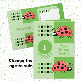 Tarjeta 1.ᵉʳ cumpleaños 1 hoy ladybugs verde rojo