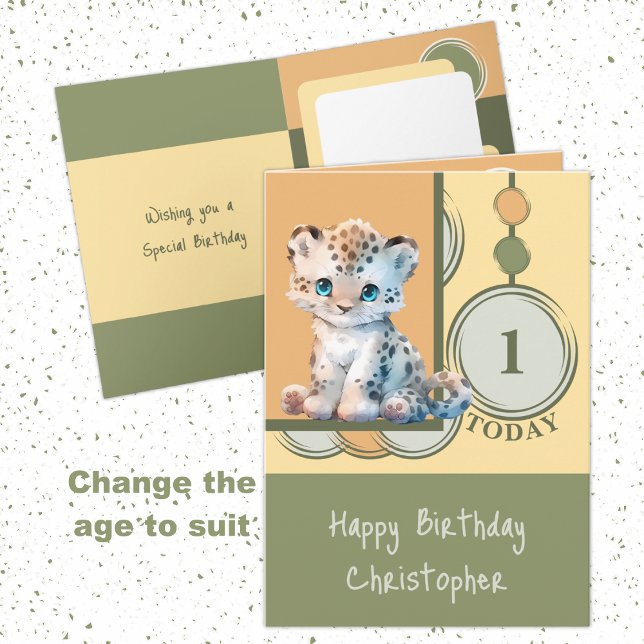 Tarjeta 1.ᵉʳ cumpleaños agregar nombre lindo leopardo verd (Subido por el creador)