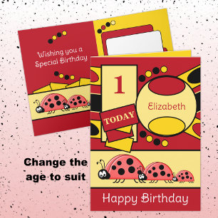 Tarjeta 1.ᵉʳ cumpleaños añadir nombre ladybugs amarillo ro
