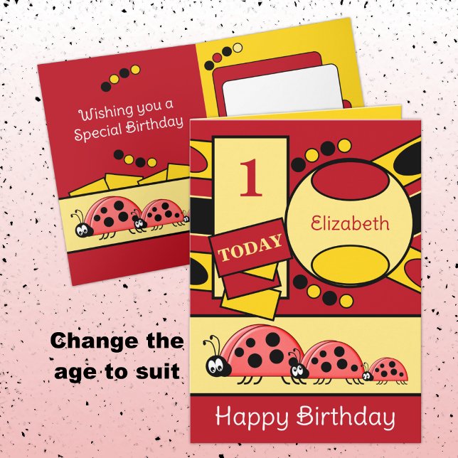 Tarjeta 1.ᵉʳ cumpleaños añadir nombre ladybugs amarillo ro (Subido por el creador)