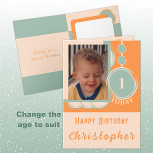 Tarjeta 1.ᵉʳ cumpleaños añadir nombre naranja de foto verd