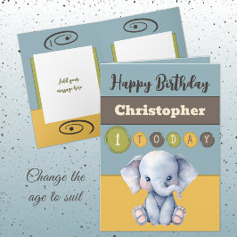 Tarjeta 1.ᵉʳ cumpleaños añadir nombre niño lindo elefante