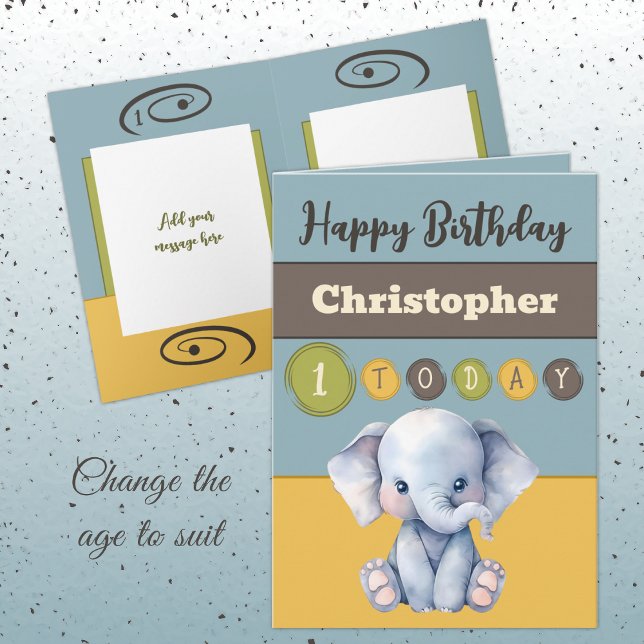 Tarjeta 1.ᵉʳ cumpleaños añadir nombre niño lindo elefante  (Subido por el creador)