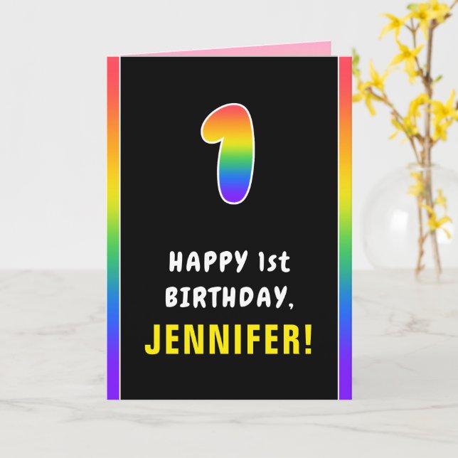 Tarjeta 1.ᵉʳ cumpleaños: arcoiris colorido # 1, nombre per (flor amarilla)