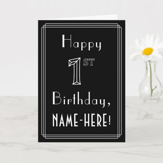 Tarjeta 1.ᵉʳ Cumpleaños: Art Deco Style # 1 y Nombre perso (Planta pequeña)