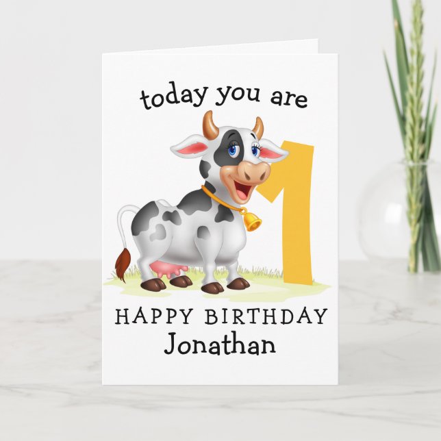 Tarjeta 1.ᵉʳ cumpleaños con nuestra vaca adorable (Anverso)