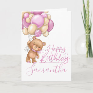 Tarjeta 1.ᵉʳ cumpleaños lindo chica de globo rosa de peluc