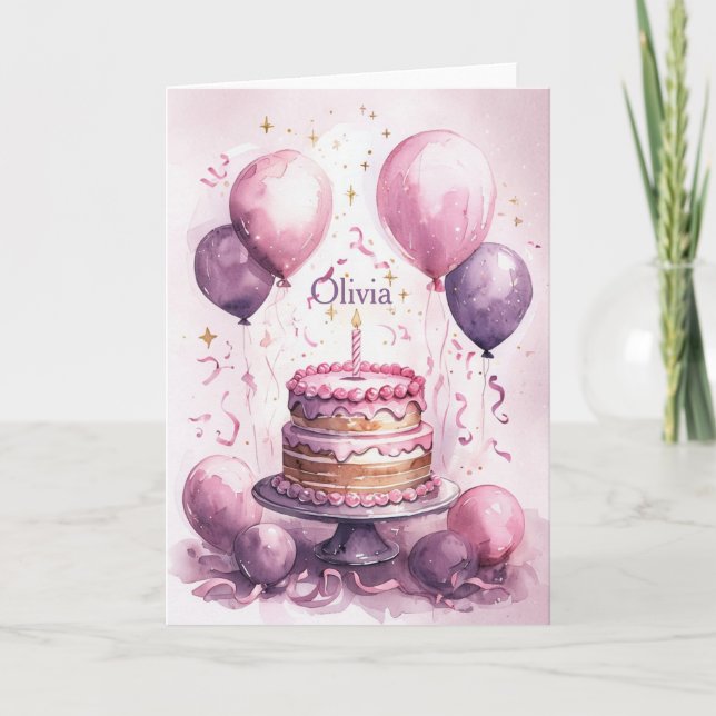Tarjeta 1.ᵉʳ cumpleaños nombre de Chica Princesa Morada Ro (Anverso)