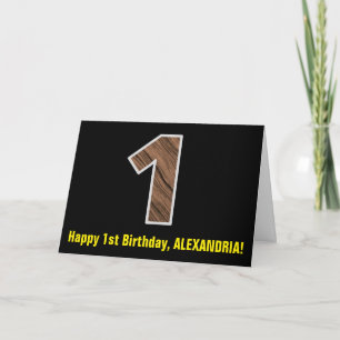 Tarjeta 1.ᵉʳ Cumpleaños: Nombre + Modelo Faux Wood Grain "