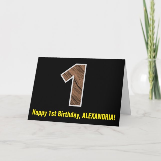 Tarjeta 1.ᵉʳ Cumpleaños: Nombre + Modelo Faux Wood Grain " (Anverso)