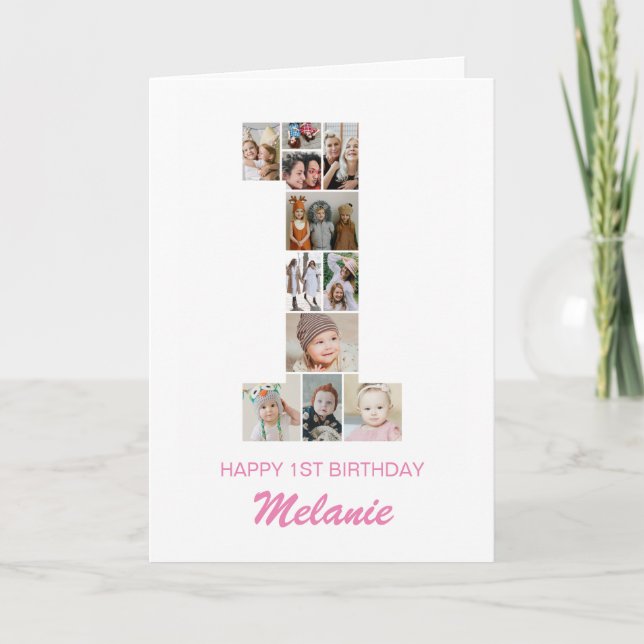 Tarjeta 1.ᵉʳ cumpleaños número 1 Collage de fotos personal (Anverso)