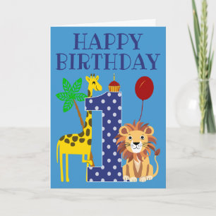 Tarjeta 1.ᵉʳ cumpleaños para un niño con jirafa y león