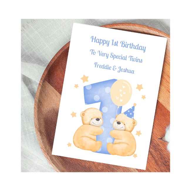 Tarjeta 1.ᵉʳ cumpleaños Polka Dot Teddies Twin Boys Card (Subido por el creador)