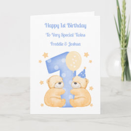 Tarjeta 1.ᵉʳ cumpleaños Polka Dot Teddies Twin Boys Card