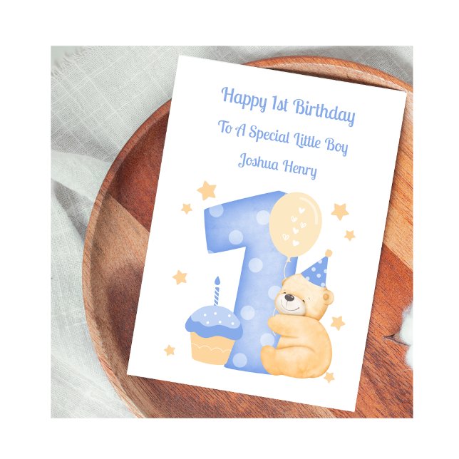 Tarjeta 1.ᵉʳ cumpleaños Polka Dot Teddy Birthday Boy Card (Subido por el creador)