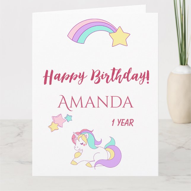 Tarjeta 1.ᵉʳ cumpleaños unicornio blanco rosa lindo (Anverso)