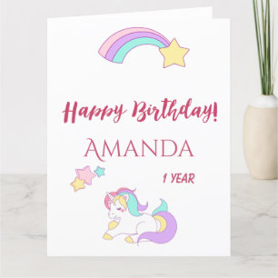 Tarjeta 1.ᵉʳ cumpleaños unicornio blanco rosa lindo
