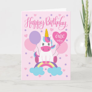 Tarjeta 1.ᵉʳ Cumpleaños Unicornio sentado en el arcoiris