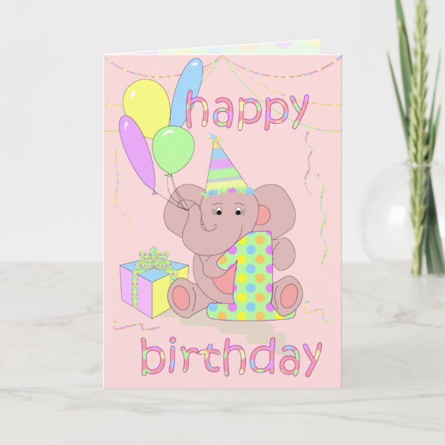 Tarjeta 1.ᵉʳ Elefante de Cumpleaños para los Chicas (Anverso)