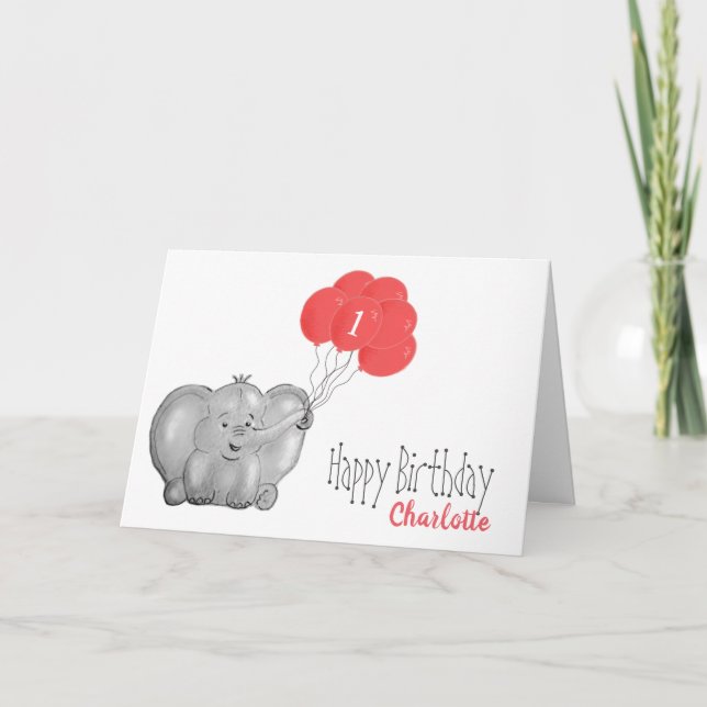 Tarjeta 1.ᵉʳ elefante de cumpleaños y chica de globo rosa (Anverso)