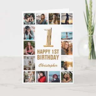 Tarjeta 1.ᵉʳ Feliz Cumpleaños Oro y Collage de fotos Blanc