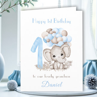 Tarjeta 1.ᵉʳ Nacimiento Blue Cute Elephant Balloons