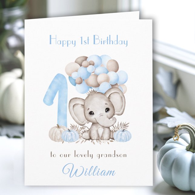 Tarjeta 1.ᵉʳ Nacimiento Cae Elefante de Calabaza (1st Birthday Boy Fall Pumpkin Elephant Balloons Card)