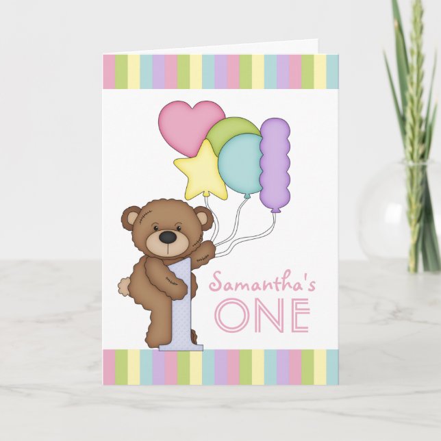 Tarjeta 1.ᵉʳ Oso de Cumpleaños Bandas Arcoiris y Globos (Anverso)