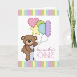 Tarjeta 1.ᵉʳ Oso de Cumpleaños Bandas Arcoiris y Globos
