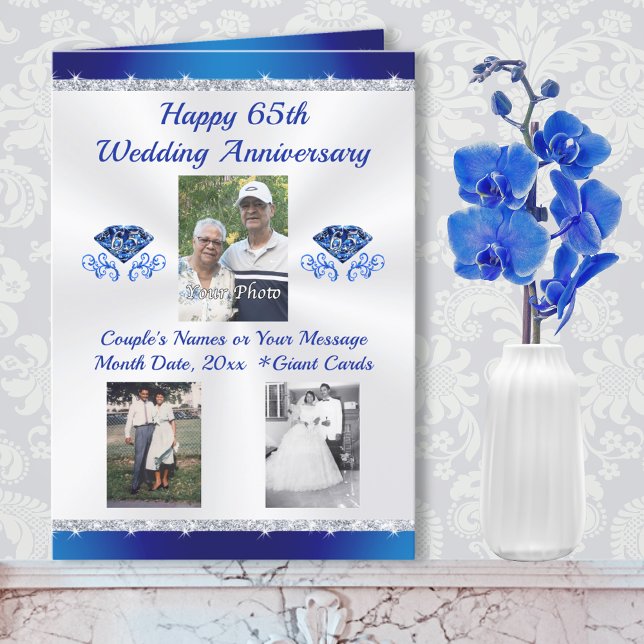 Tarjeta 1, 2 ó 3 FOTOS, 65° Aniversario del Boda (Blue Sapphire 65th Wedding Anniversary Cards. 65th wedding anniversary cards for mum and dad.)