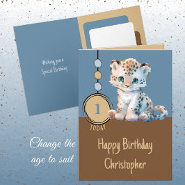 Tarjeta 1 cumpleaños 1 hoy nombre el lindo leopardo azul