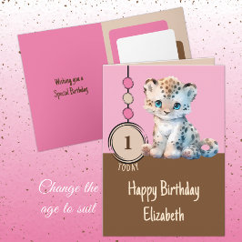 Tarjeta 1 cumpleaños 1 hoy nombre el lindo leopardo rosa