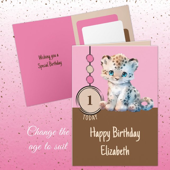 Tarjeta 1 cumpleaños 1 hoy nombre el lindo leopardo rosa (Subido por el creador)
