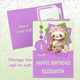Tarjeta 1 cumpleaños 1 hoy nombre lindo perezoso verde púr