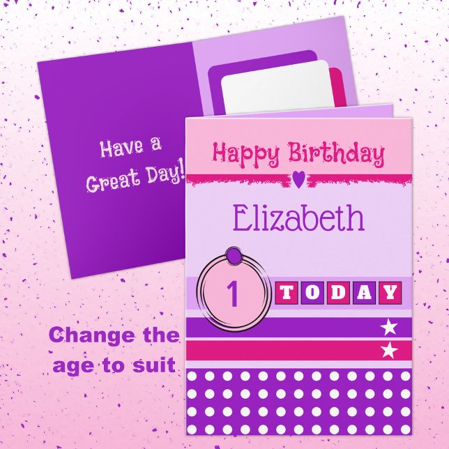 Tarjeta 1 cumpleaños 1 hoy púrpura pink add name (Subido por el creador)